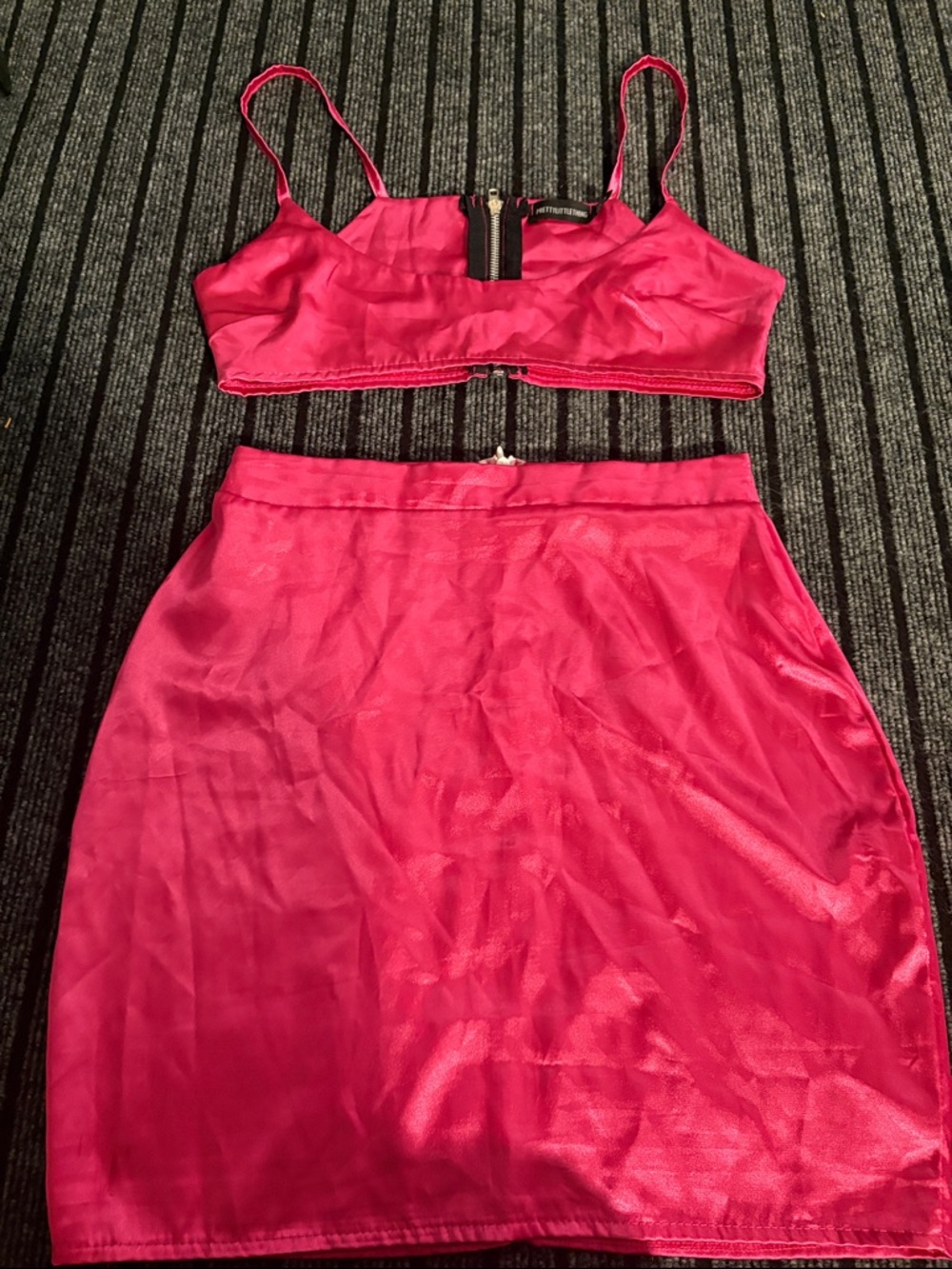PrettyLittleThing Hot Pink Satin Crop Top & Mini Skirt Set